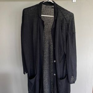 Gudrun Sjoden Black Organic Linen Lightweight Knit Full-Length Cardigan Size L